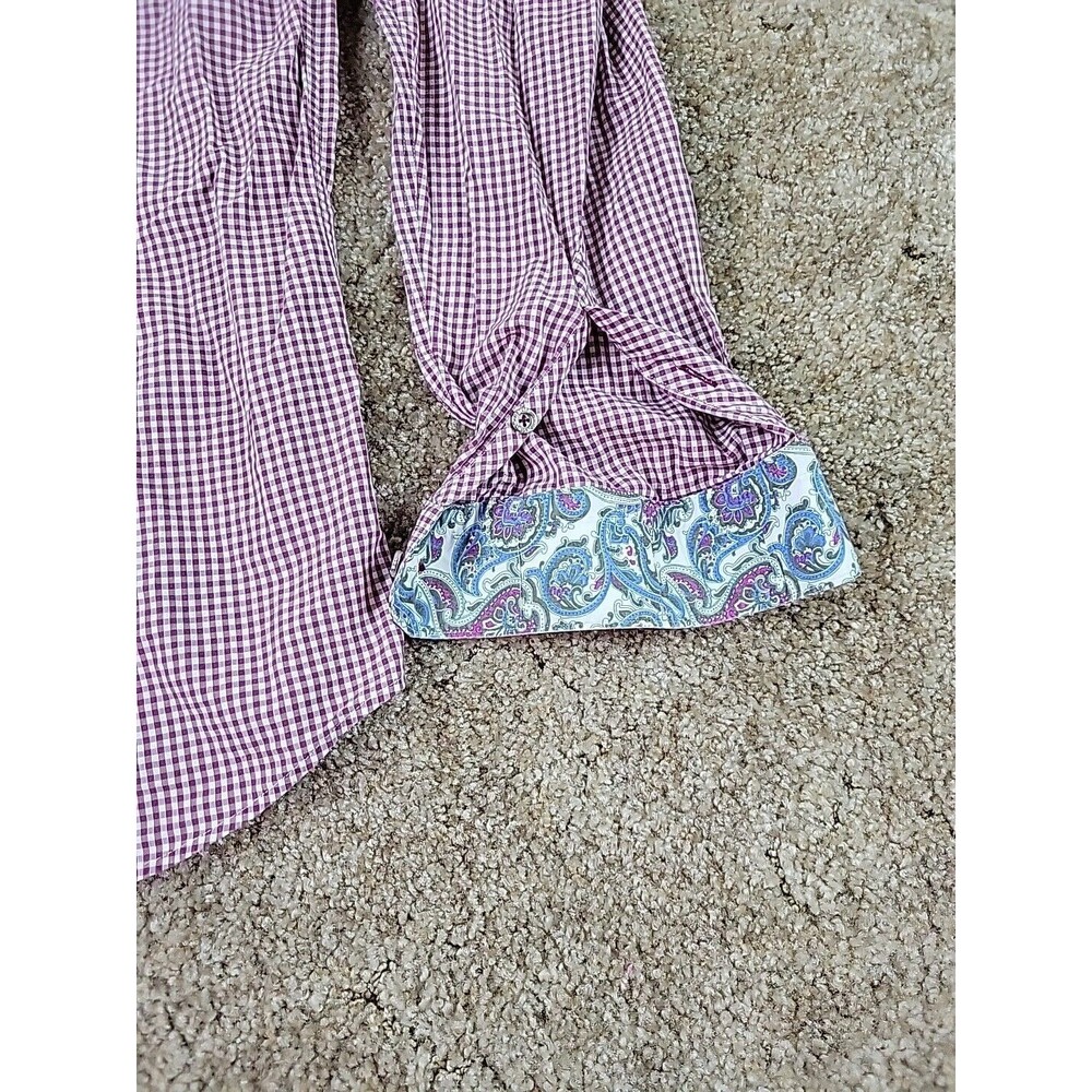 Jared Lang Shirt Mens XL Multicolored Gingham Check Button Up Flip Cuffs Paisley - Picture 9 of 10